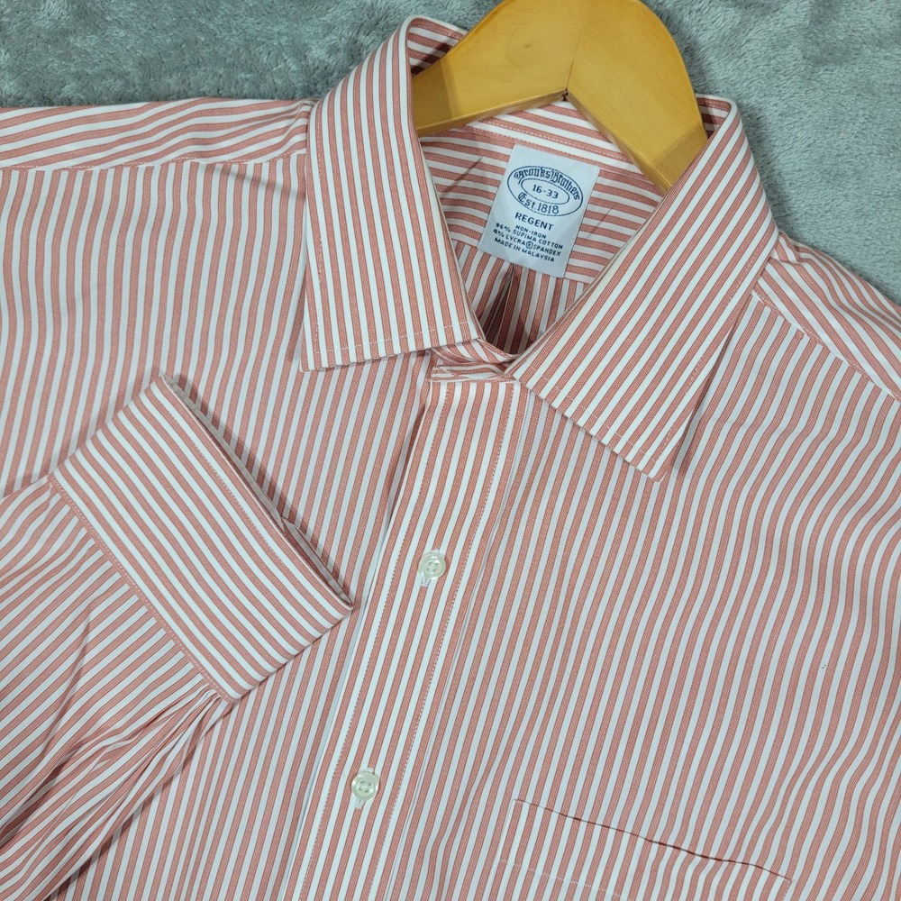 Brooks Brothers Shirt Mens 16-33 Red Striped Regent Fit OCBD Supima Cotton